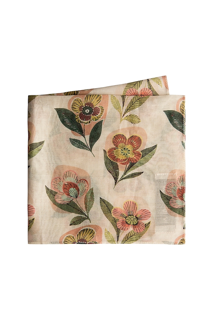 Cream Retro Floral Printed Pocket Square by PAYAL SINGHAL ACCESSORIES