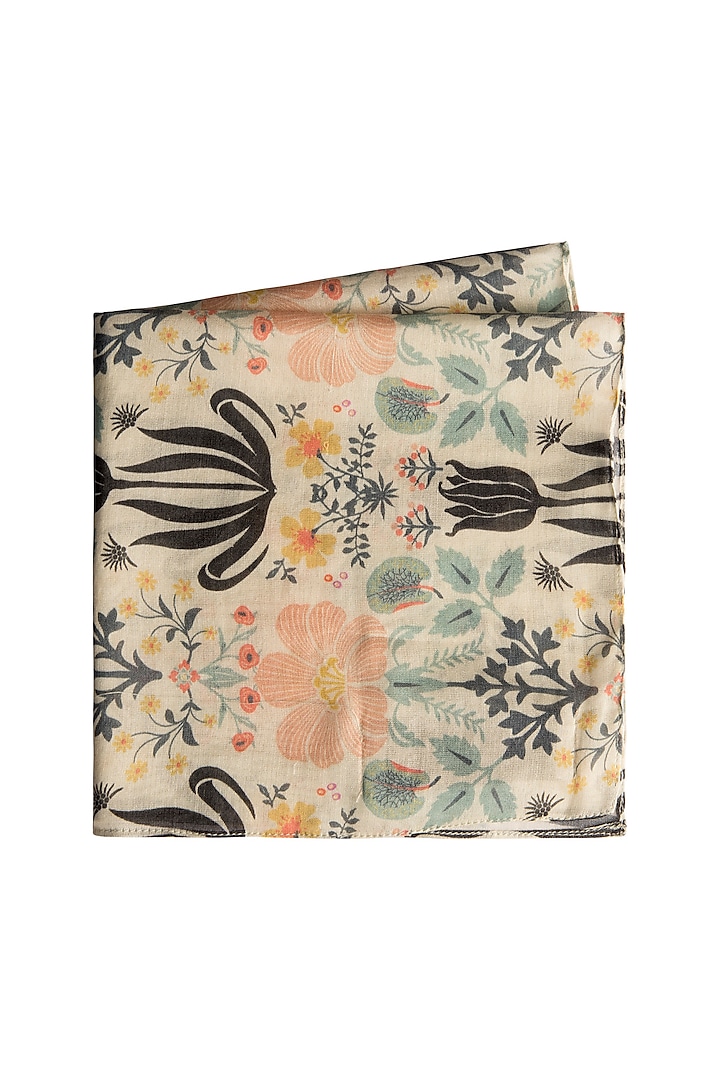 Cream Tulip Garden Printed Pocket Square by PAYAL SINGHAL ACCESSORIES