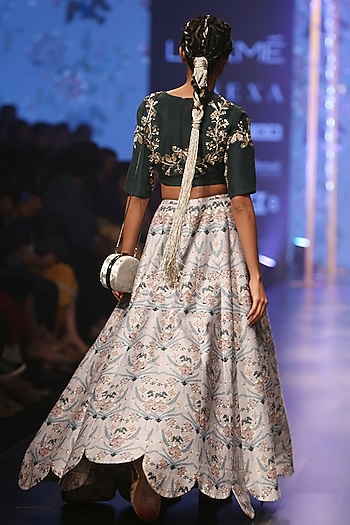 Emerald Green Embroidered Blouse With Powder Blue Wedding Lehenga Skirt by Payal Singhal at Pernia's Pop Up Shop