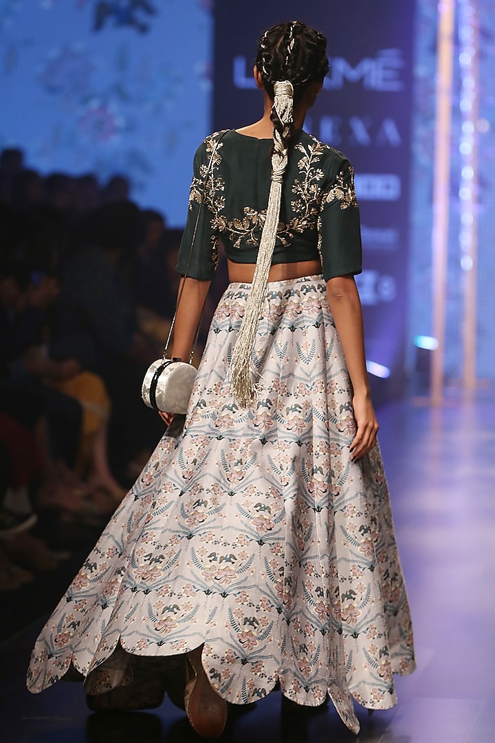 Emerald Green Embroidered Blouse With Powder Blue Lehenga Skirt by Payal Singhal