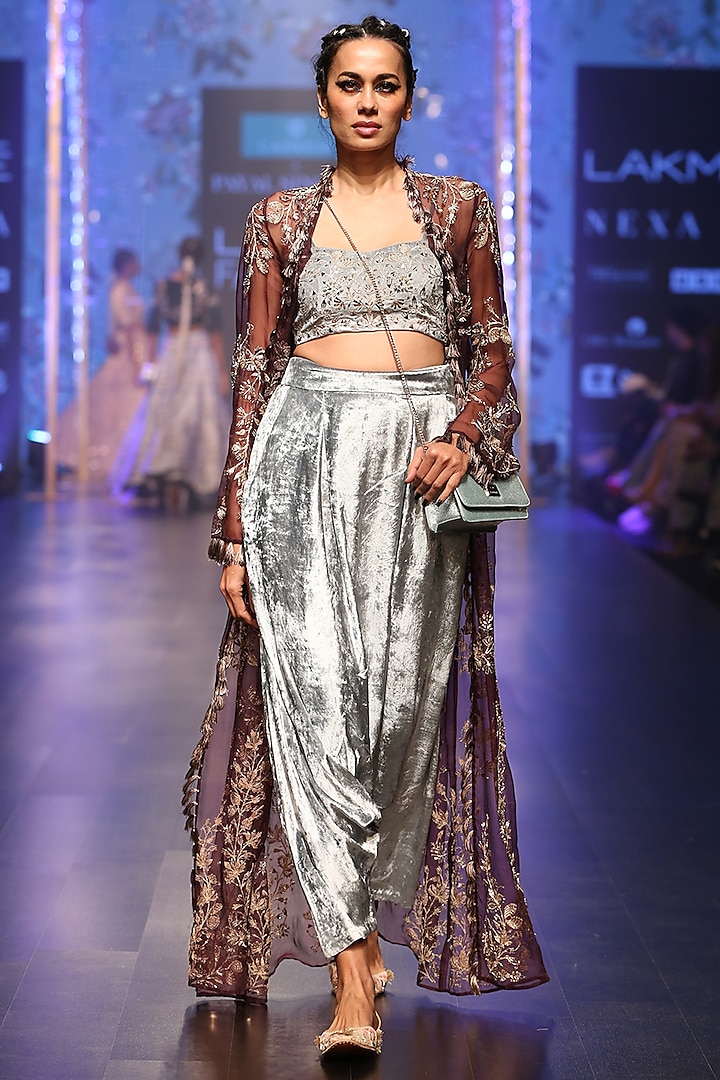 Periwinkle Blue Embroidered Bustier With Pants & Purple Jacket by Payal Singhal at Pernia's Pop Up Shop