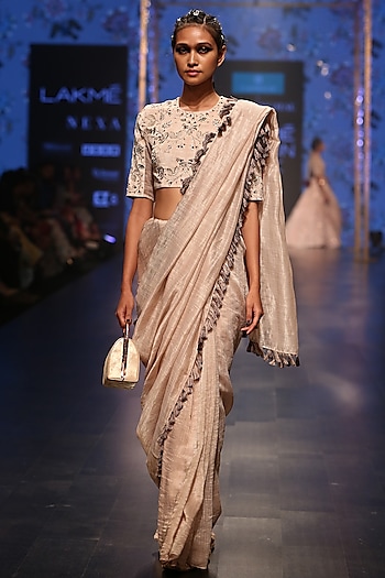 Nude Chanderi Striped Wedding Saree Set by Payal Singhal at Pernia's Pop Up Shop