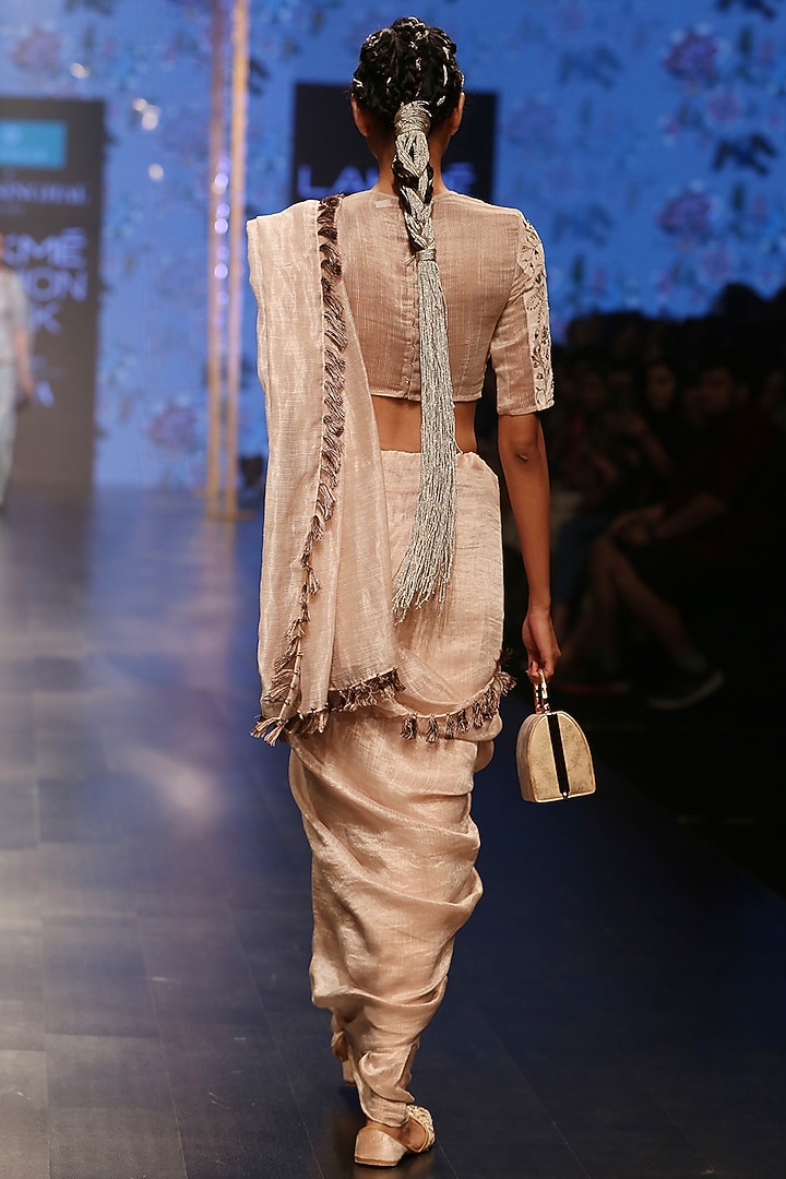Nude Chanderi Striped Wedding Saree Set by Payal Singhal at Pernia's Pop Up Shop