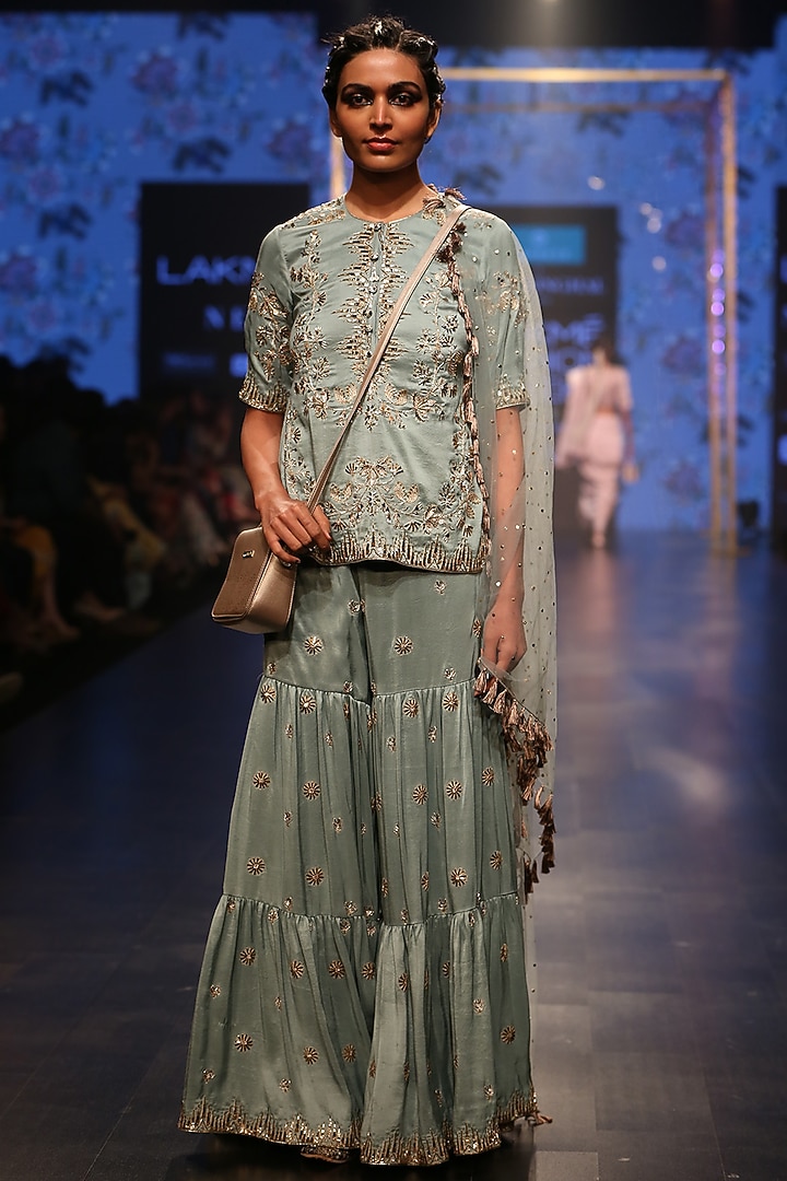 Periwinkle Blue Embroidered Bridal Sharara Set by Payal Singhal at Pernia's Pop Up Shop