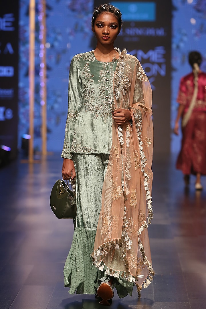 Mint Blue & Coral Embroidered Bridal Sharara Set by Payal Singhal at Pernia's Pop Up Shop