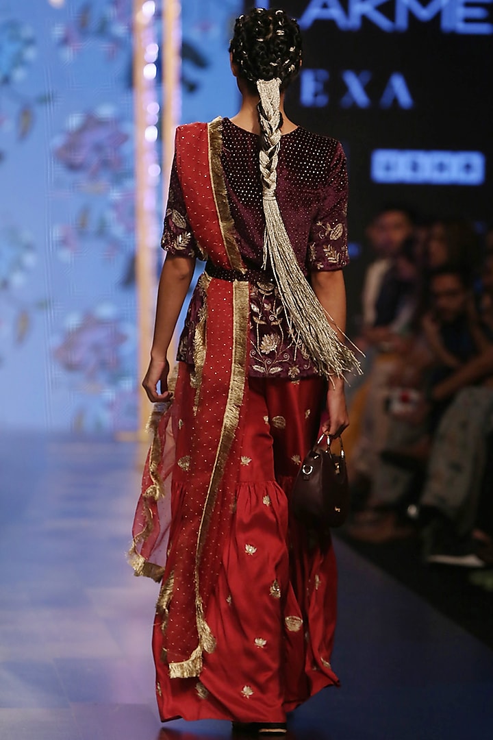 Purple & Cranberry Embroidered Sharara Set by Payal Singhal