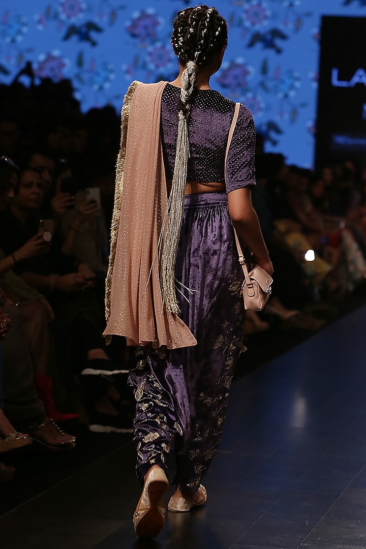 Midnight Blue Embroidered Blouse With Pants & Attached Dusky Rose Dupatta by Payal Singhal