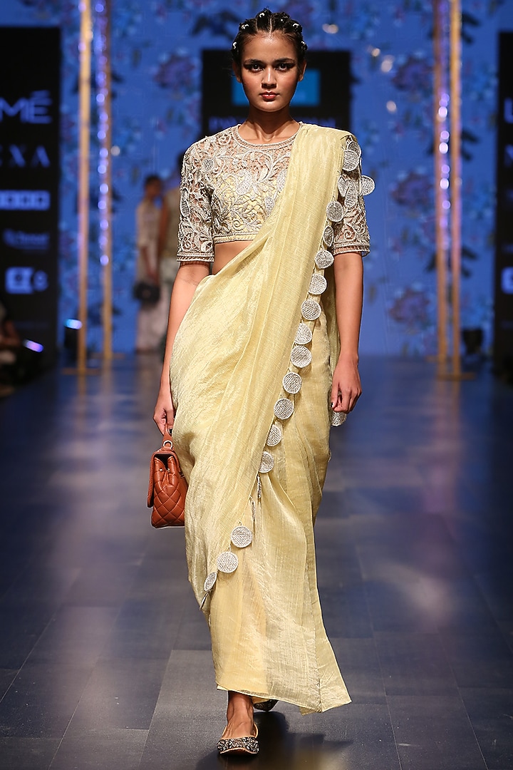 Pale Yellow Embroidered Reception Saree Set by Payal Singhal at Pernia's Pop Up Shop