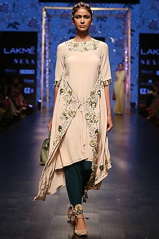 Nude Embroidered Kurta With Ocean Teal Low Crotch Pants by Payal Singhal