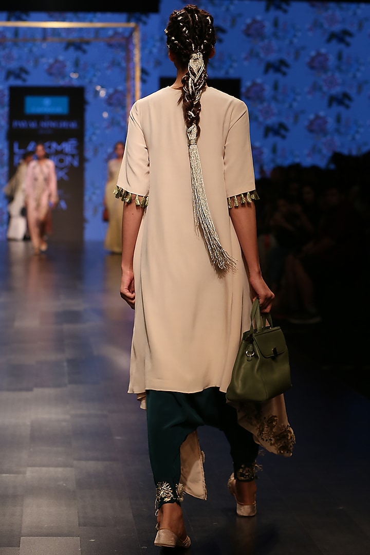 Nude Embroidered Kurta With Ocean Teal Low Crotch Pants by Payal Singhal