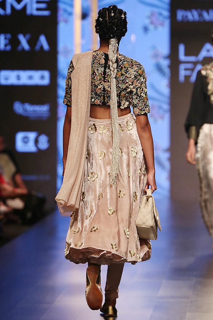 Black Embroidered Blouse With Nude Churidar Skirt & Attached Dupatta by Payal Singhal