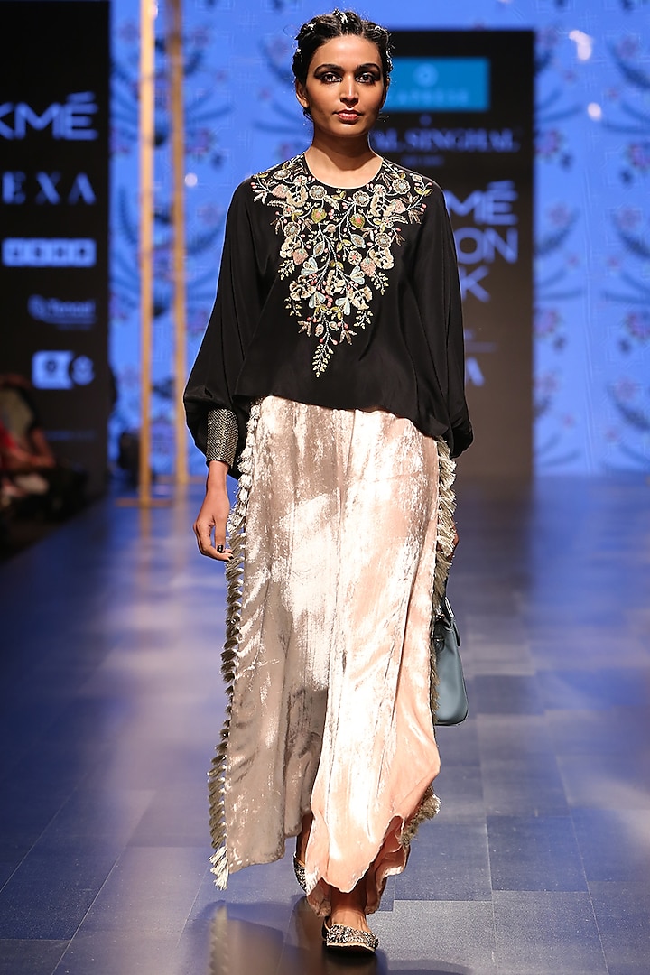 Black Embroidered Top With Nude Palazzo Pants Design by Payal Singhal ...