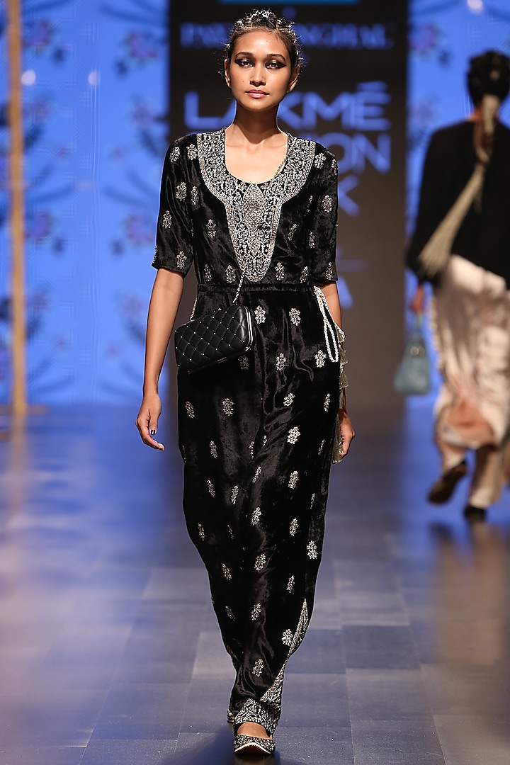 Black Embroidered Velvet Jumpsuit by Payal Singhal at Pernia's Pop Up Shop