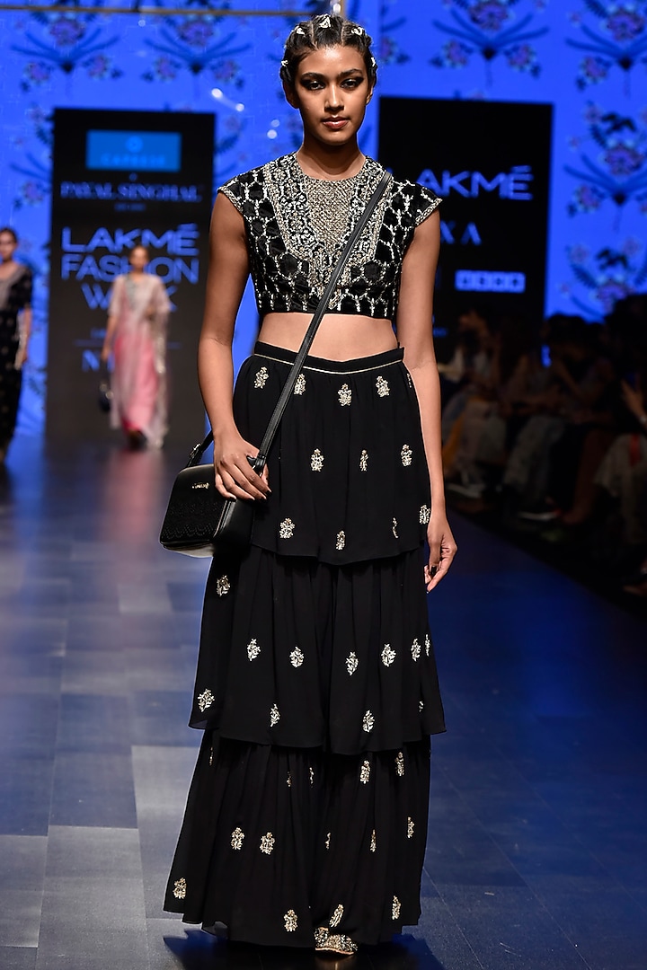 Black Embroidered Blouse With Bridal Sharara Pants by Payal Singhal at Pernia's Pop Up Shop