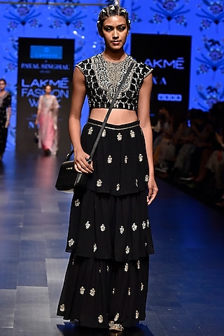 Black Embroidered Blouse With Sharara Pants by Payal Singhal