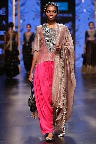 Mouse Grey & Hot Pink Embroidered Kurta Set by Payal Singhal