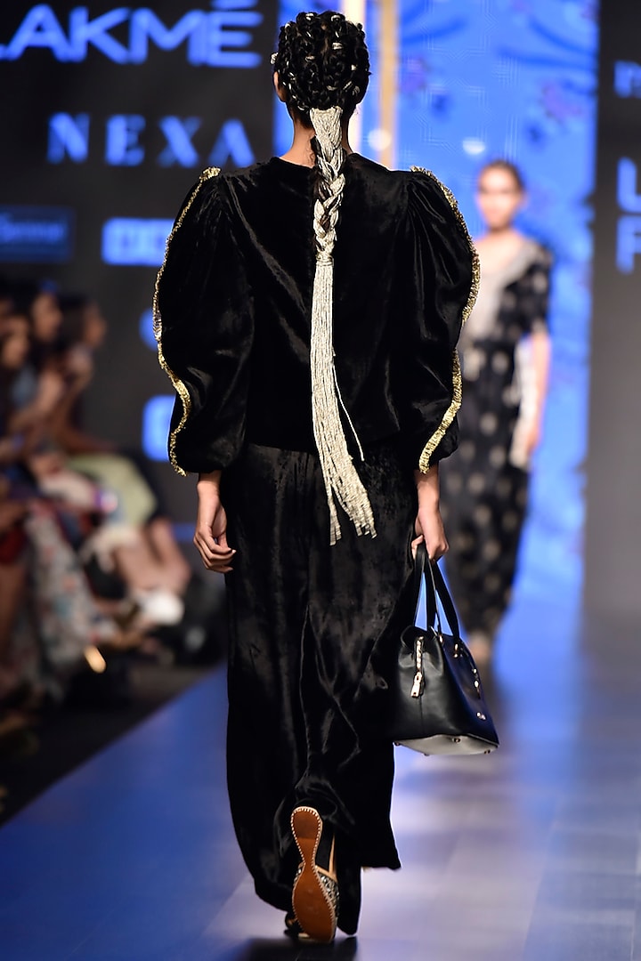 Black Embroidered Velvet Top With Palazzo Pants by Payal Singhal