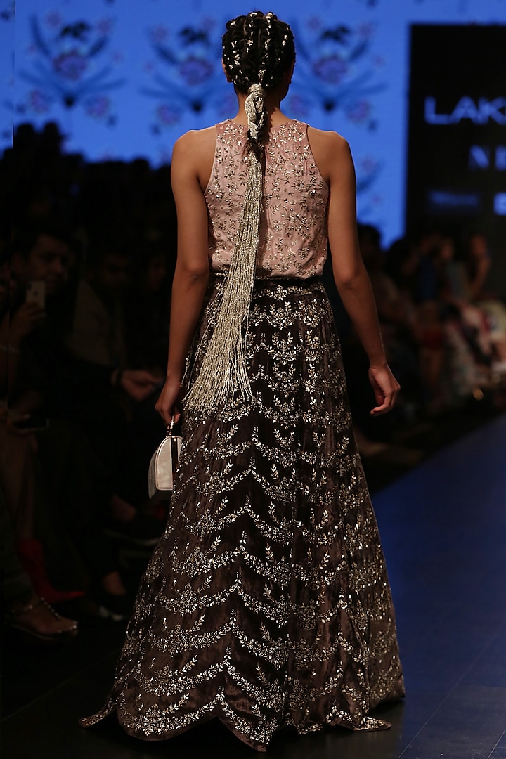 Dusky Pink Embroidered Top With Forest Green Lehenga Skirt & Belt by Payal Singhal