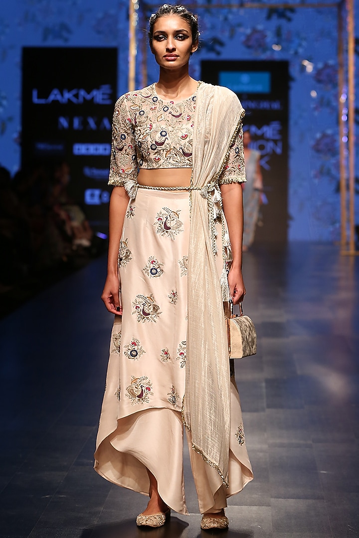 Nude Embroidered Blouse With Skirt Palazzo & Dupatta by Payal Singhal at Pernia's Pop Up Shop