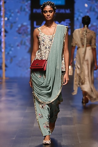 Nude Embroidered Blouse & Periwinkle Blue Low Crotch Pants With Attached Dupatta by Payal Singhal