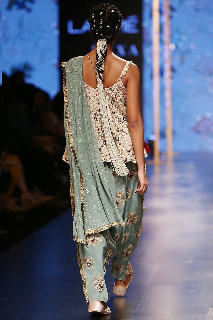 Nude Embroidered Blouse & Periwinkle Blue Low Crotch Pants With Attached Dupatta by Payal Singhal at Pernia's Pop Up Shop