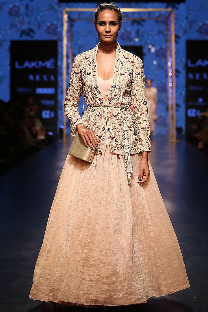 Blush Embroidered Jacket With Bustier & Lehenga Skirt by Payal Singhal