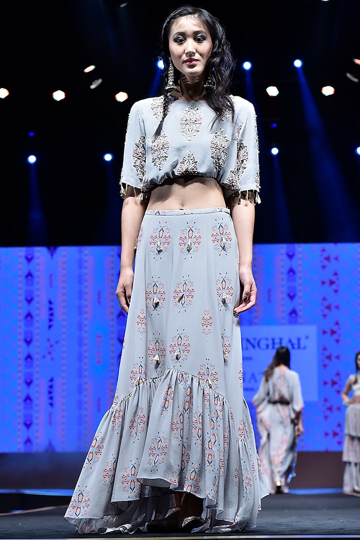 Grey Embroidered & Printed Balloon Top With Lehenga Skirt by Payal Singhal