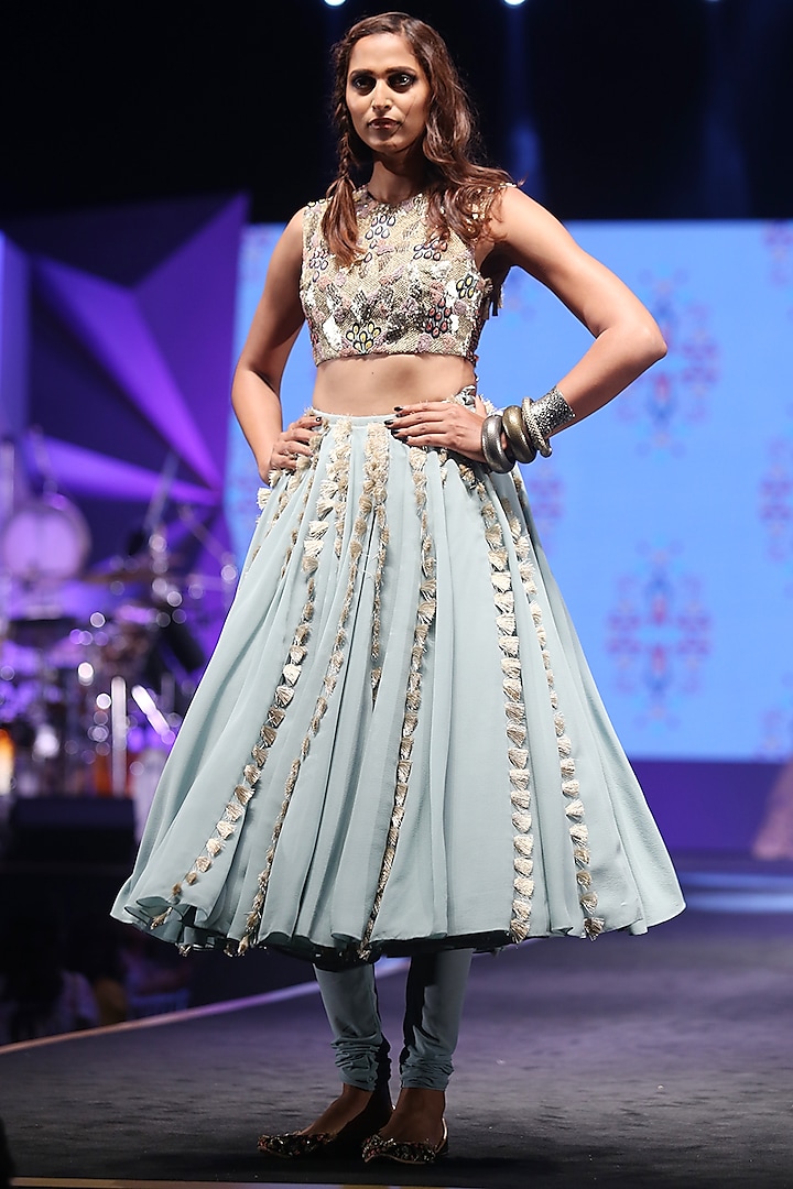 Periwinkle Blue Blouse With Churidar Skirt by Payal Singhal