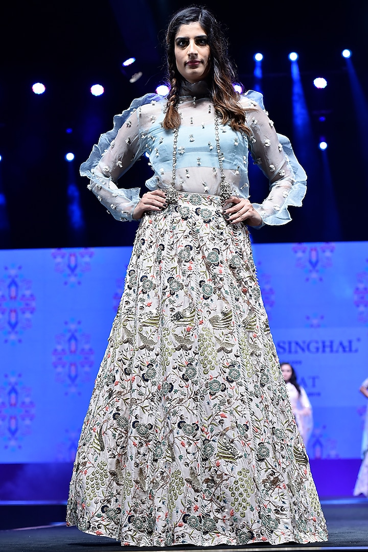 Periwinkle Blue Embroidered Top With Bustier & Stone Lehenga Skirt by Payal Singhal