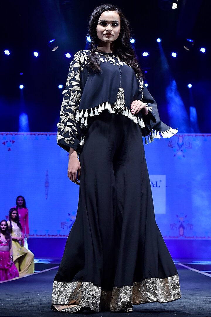 Black Embroidered Kaftan Top With Sharara Pants by Payal Singhal