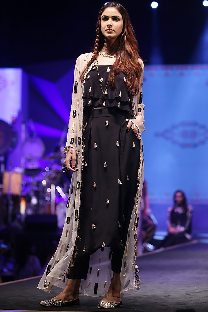Stone Embroidered Jacket With Black Layered Top With Pants by Payal Singhal
