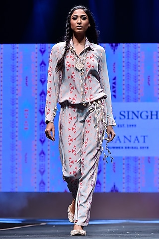 Grey Ikat Stripe Printed Jumpsuit by PS Pret by Payal Singhal