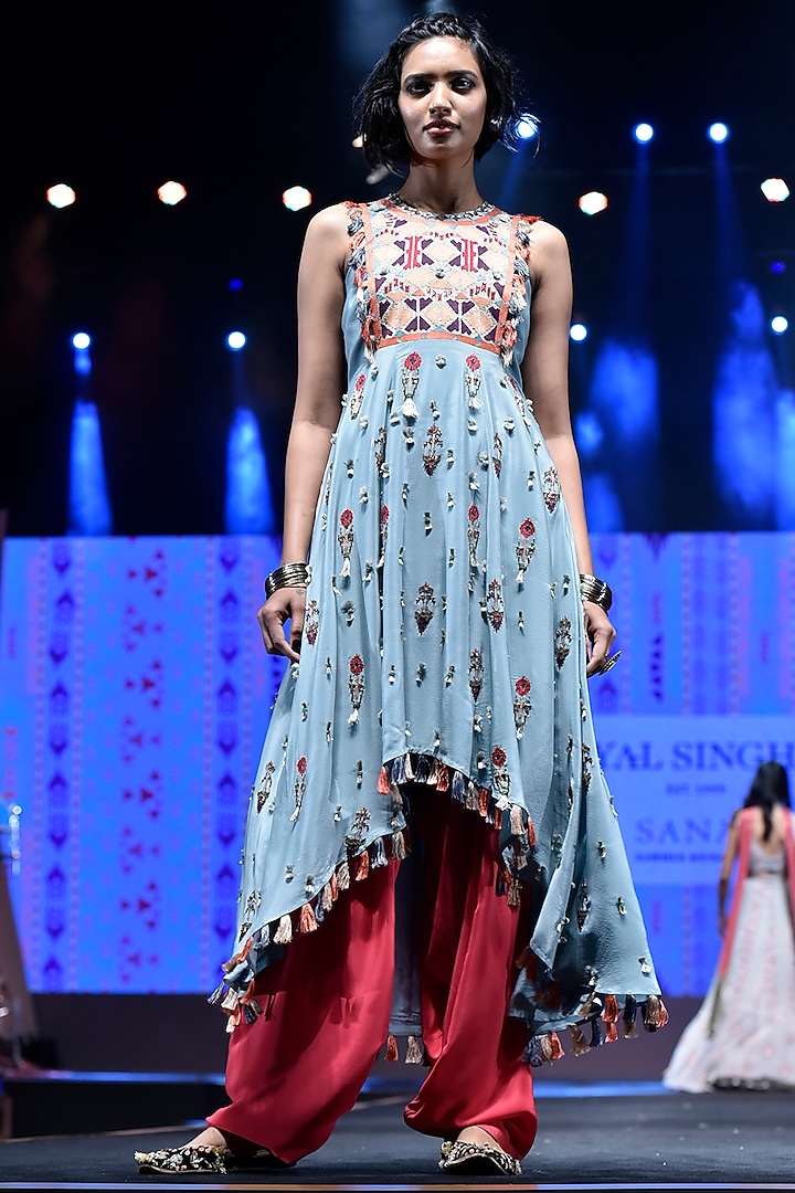 Periwinkle Blue Embroidered Kurta With Cranberry Salwar Pants by Payal Singhal