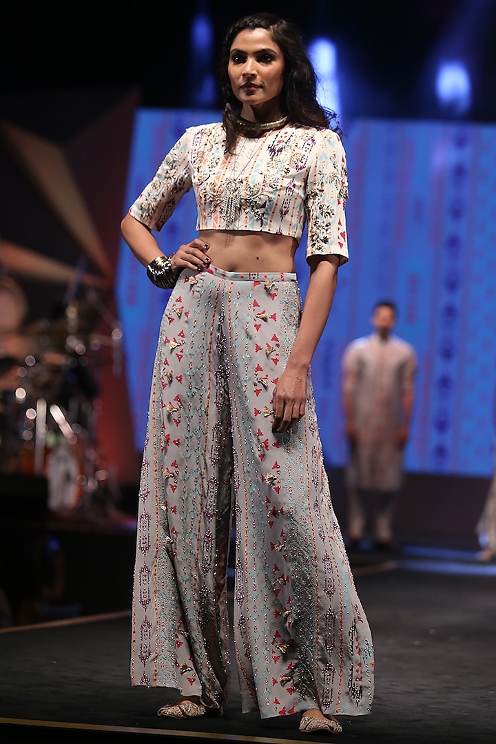 Cream Embroidered & Printed Blouse With Palazzo Pants by Payal Singhal