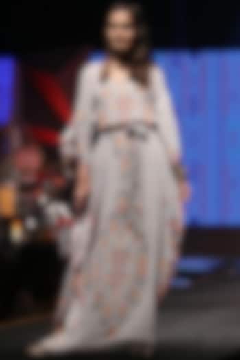 Grey Embroidered & Printed Kaftan With Belt by Payal Singhal