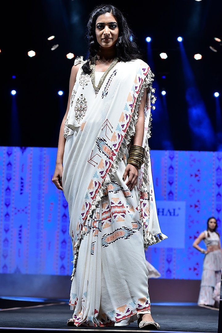 Cream Embroidered & Printed Saree Set by Payal Singhal