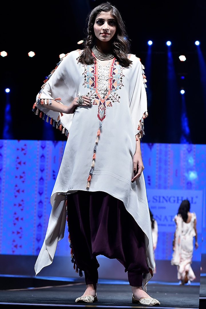 Stone Embroidered Kaftan With Purple Low Crotch Pants by Payal Singhal