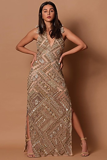 Beige Embroidered Wedding Gown by Payal Singhal at Pernia's Pop Up Shop