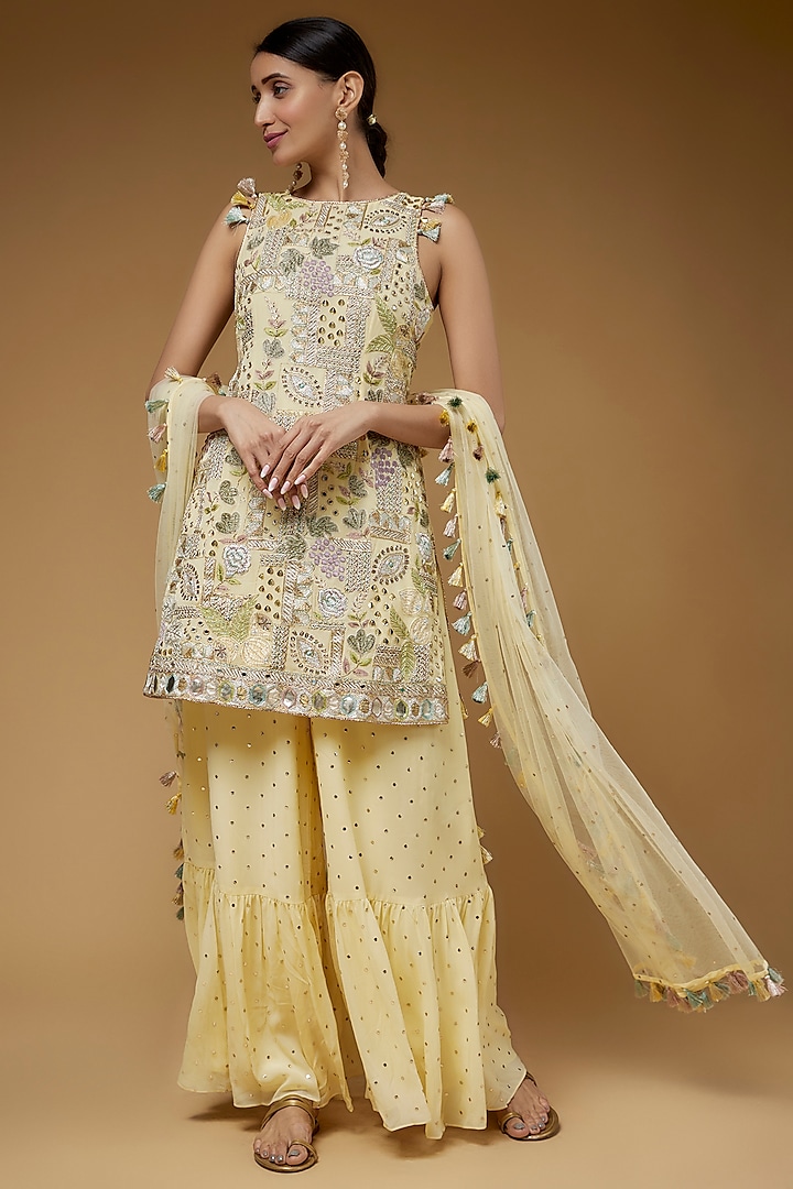 Pale Yellow Mukaish Georgette Sharara Set by Payal Singhal at Pernia's Pop Up Shop