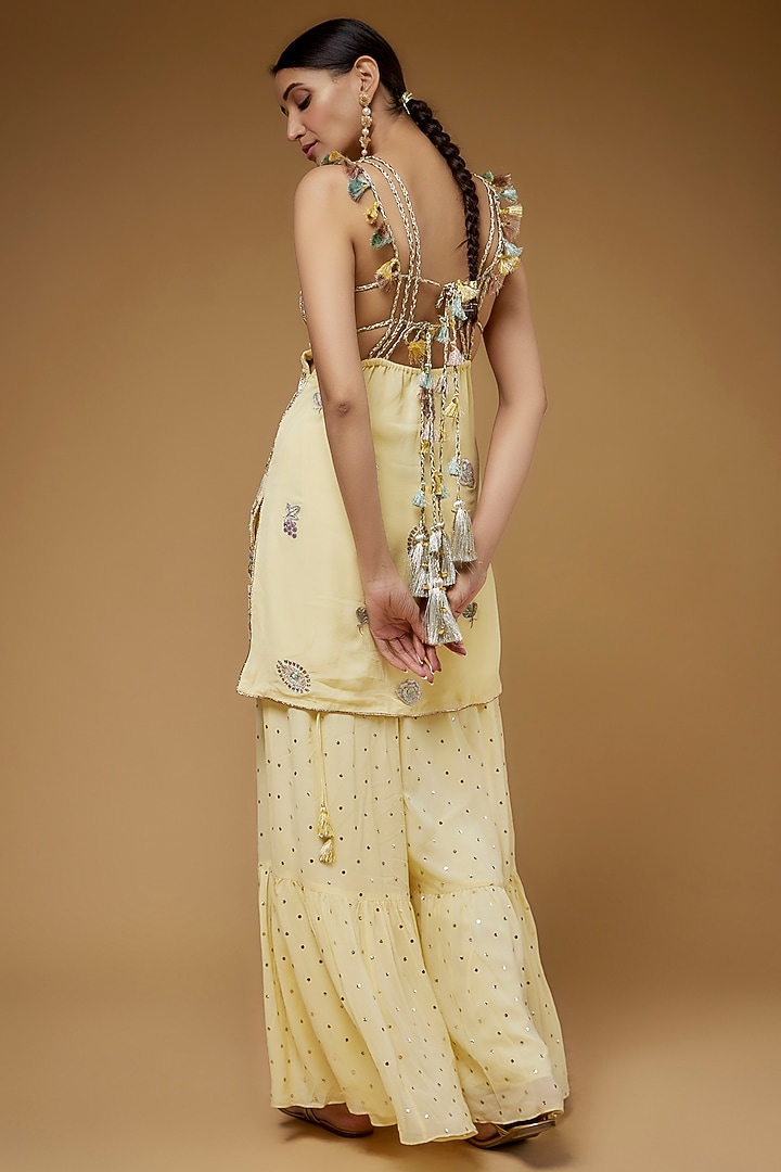 Pale Yellow Mukaish Georgette Wedding Sharara Set by Payal Singhal at Pernia's Pop Up Shop