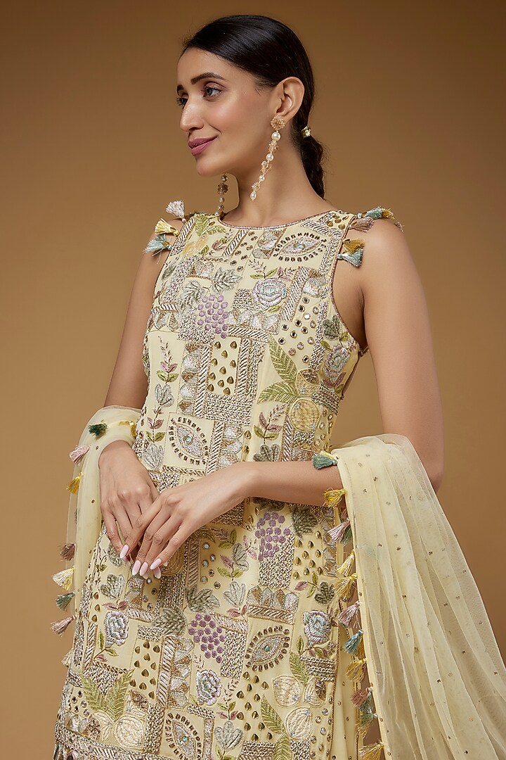 Pale Yellow Mukaish Georgette Wedding Sharara Set by Payal Singhal at Pernia's Pop Up Shop