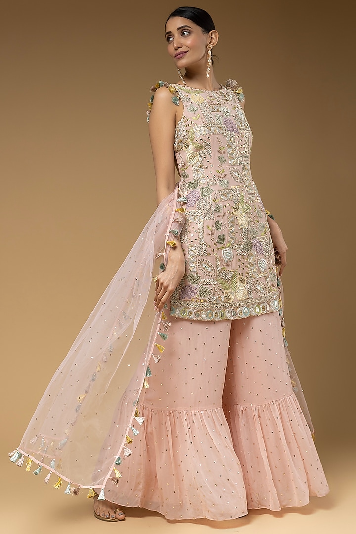 Rose Pink Mukaish Georgette Wedding Sharara Set by Payal Singhal at Pernia's Pop Up Shop