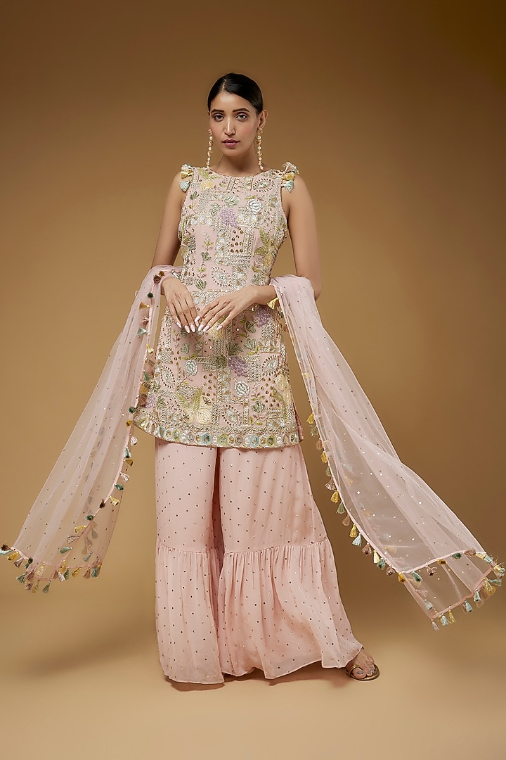 Rose Pink Mukaish Georgette Wedding Sharara Set by Payal Singhal at Pernia's Pop Up Shop
