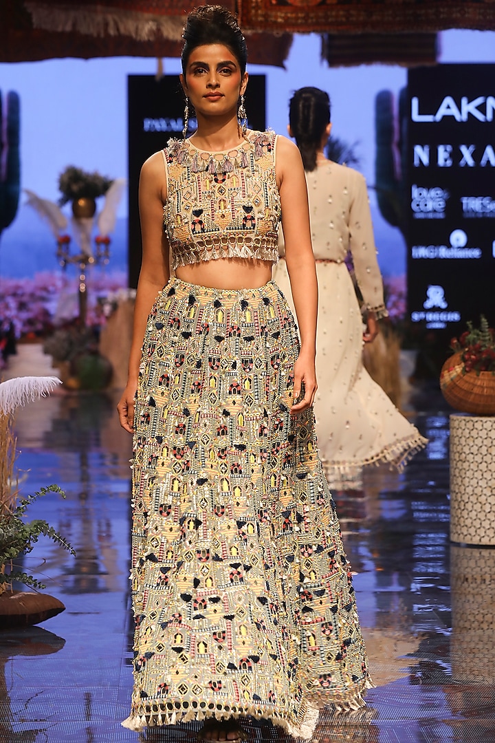 Multi Colored Embroidered Blouse With Periwinkle Blue Lehenga Skirt by Payal Singhal