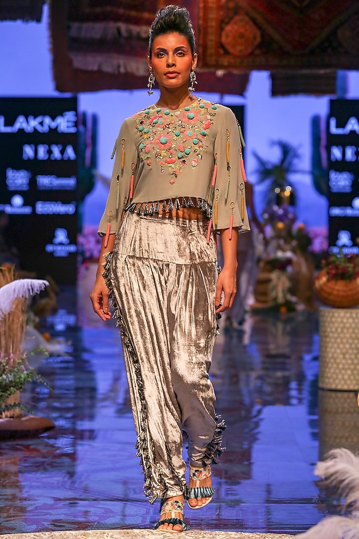 Grey Embroidered Crop Top With Salwar Pants by Payal Singhal