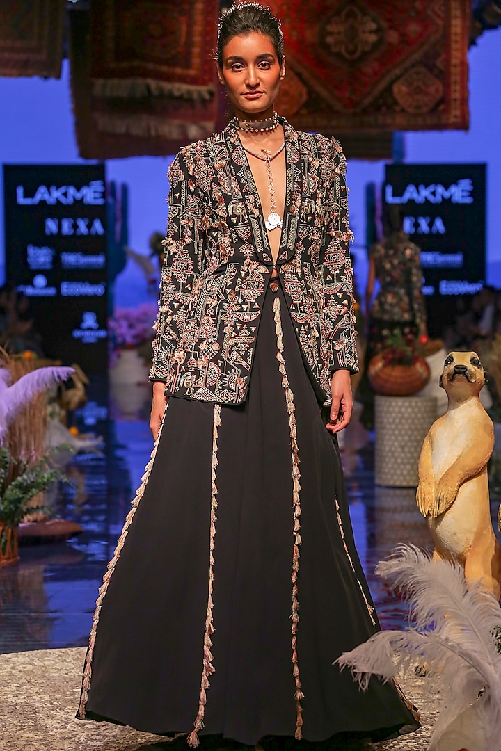 Black Embroidered Jacket With Lehenga Skirt by Payal Singhal