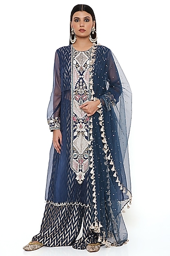 Navy Blue Embroidered Wedding Anarkali Set by Payal Singhal at Pernia's Pop Up Shop
