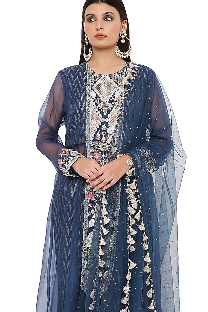 Navy Blue Embroidered Wedding Anarkali Set by Payal Singhal at Pernia's Pop Up Shop
