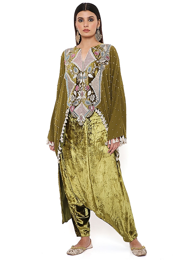 Olive Green Embroidered Kaftan Set by Payal Singhal
