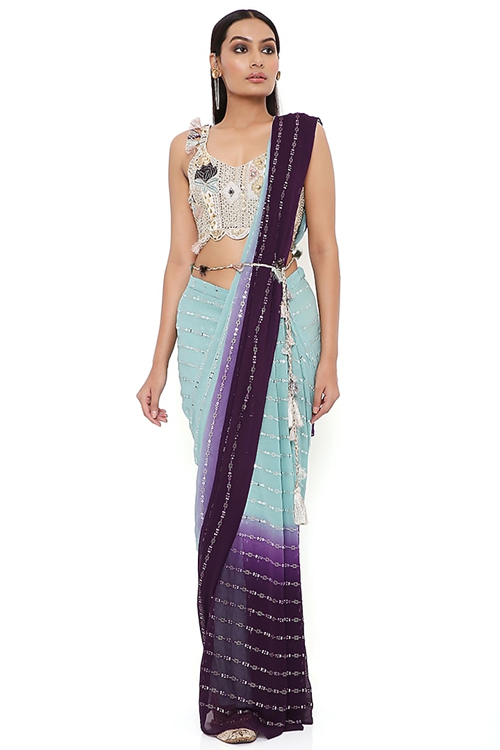 Powder Blue & Purple Georgette Wedding Saree Set by Payal Singhal at Pernia's Pop Up Shop